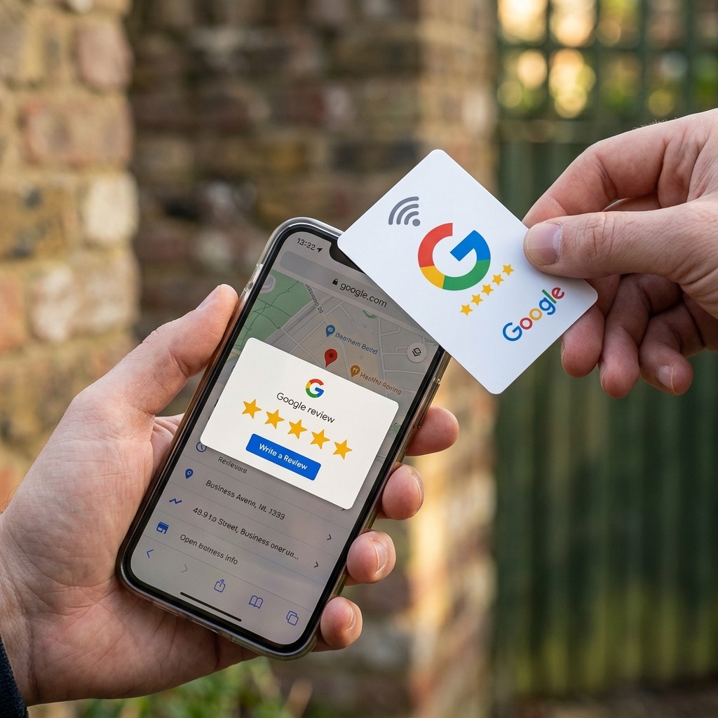 Hand the NFC card to your customer — they tap to review